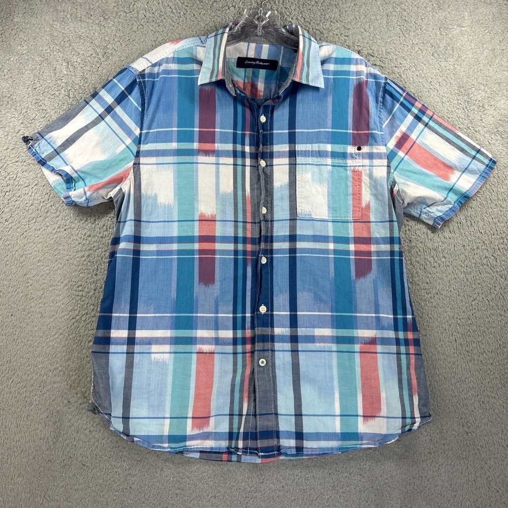 Tommy Bahama Shirt Mens Medium Pink Blue Plaid‎ Button Up Short Sleeve Preppy